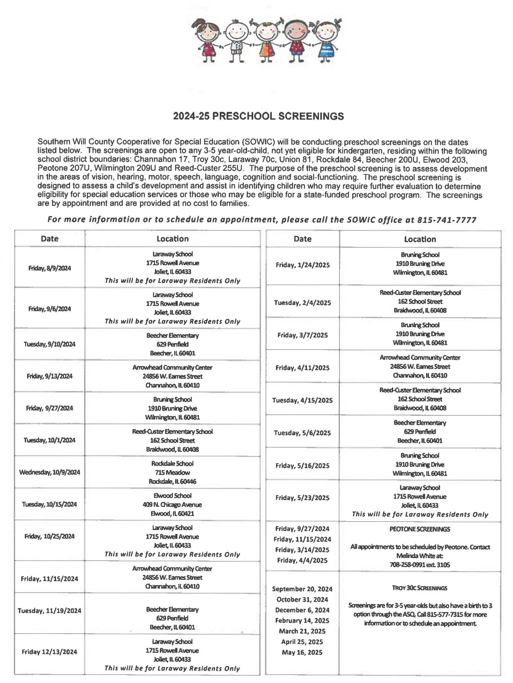 preschool screening schedule
